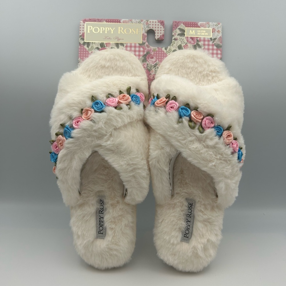 *New* Poppy Rose Ivory Fuzzy Slippers with Colorful Flower/Rose Trim Size 7-8 - Picture 1 of 8
